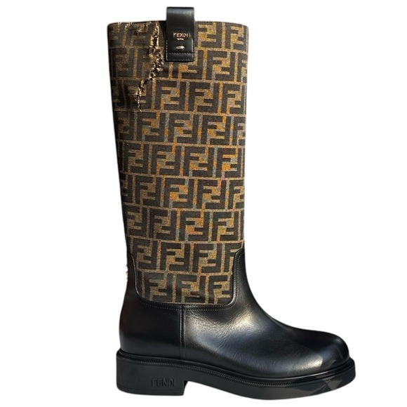Fendi Filo FF Monogram Canvas and Leather Knee High Boots Black Brown Size 12 - Picture 6 of 16